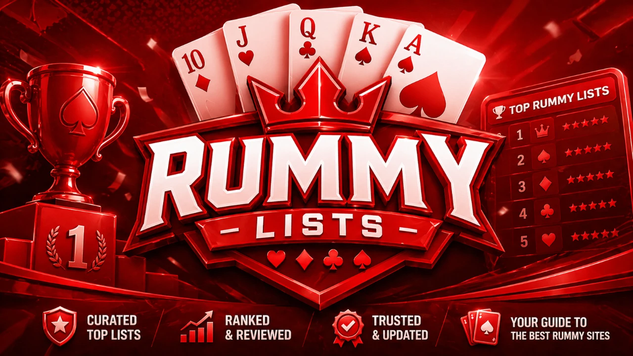 RummyLists leaderboard banner — deep red gradient, gold rank accents, white headline typography, abstract cards, no logos or download text