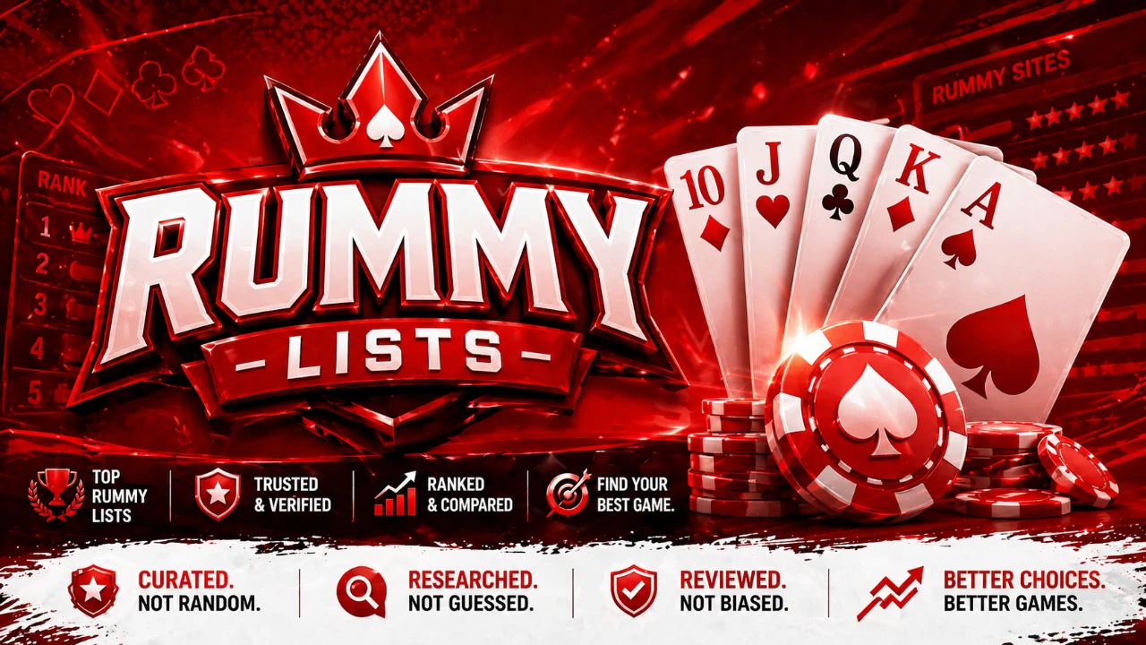 RummyLists trust banner — red gradient panels, gold highlight chips, ivory titles, comparison-grid motif, no CTAs or logos